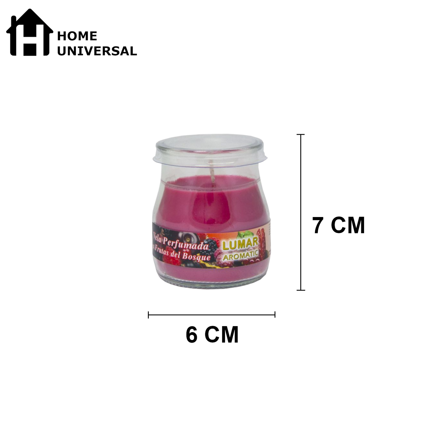 Home Universal® Pack de 3/6/12 Velas Aromáticas en Vaso de Cristal Reciclable LUMAR AROMATIC – 24h de Duración por Vela – Cera Vegetal Perfumada – 16 Fragancias Disponibles – Fabricadas en España – 7x6cm (Frutas del Bosque)