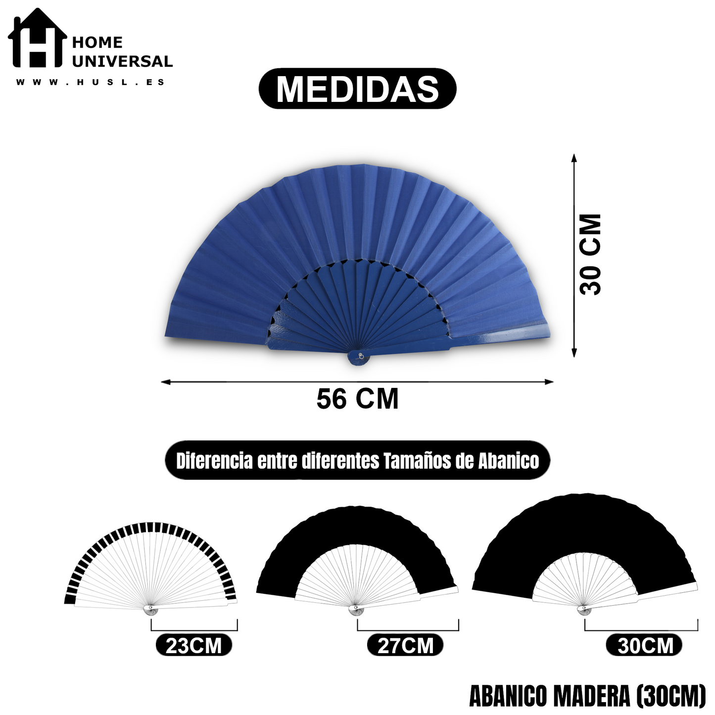 Home Universal® Abanico de madera con argollas para colgar, plegable, ligero y resistente, ideal para bodas, eventos y verano, diseño clásico y portátil perfecto para regalo y uso diario - Azul Marino (30CM)