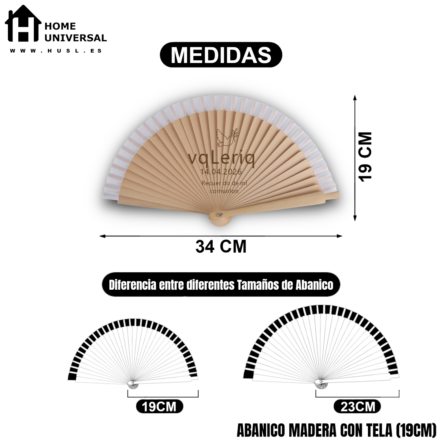 Home Universal® Abanico Personalizado de Madera, 1 Unidad – Detalle Elegante para Boda, Bautizo o Comunión, con Nombre y Fecha, Recuerdo Original para Invitados, 19 y 23 cm(Blanco)
