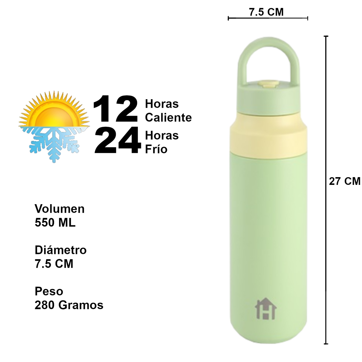 Home Universal® Botella Térmica 550ML de Apertura Rápida – Termo de Acero Inoxidable Antifugas para Café, Té y Bebidas Frías 24H/Calientes 12H (Verde Claro)