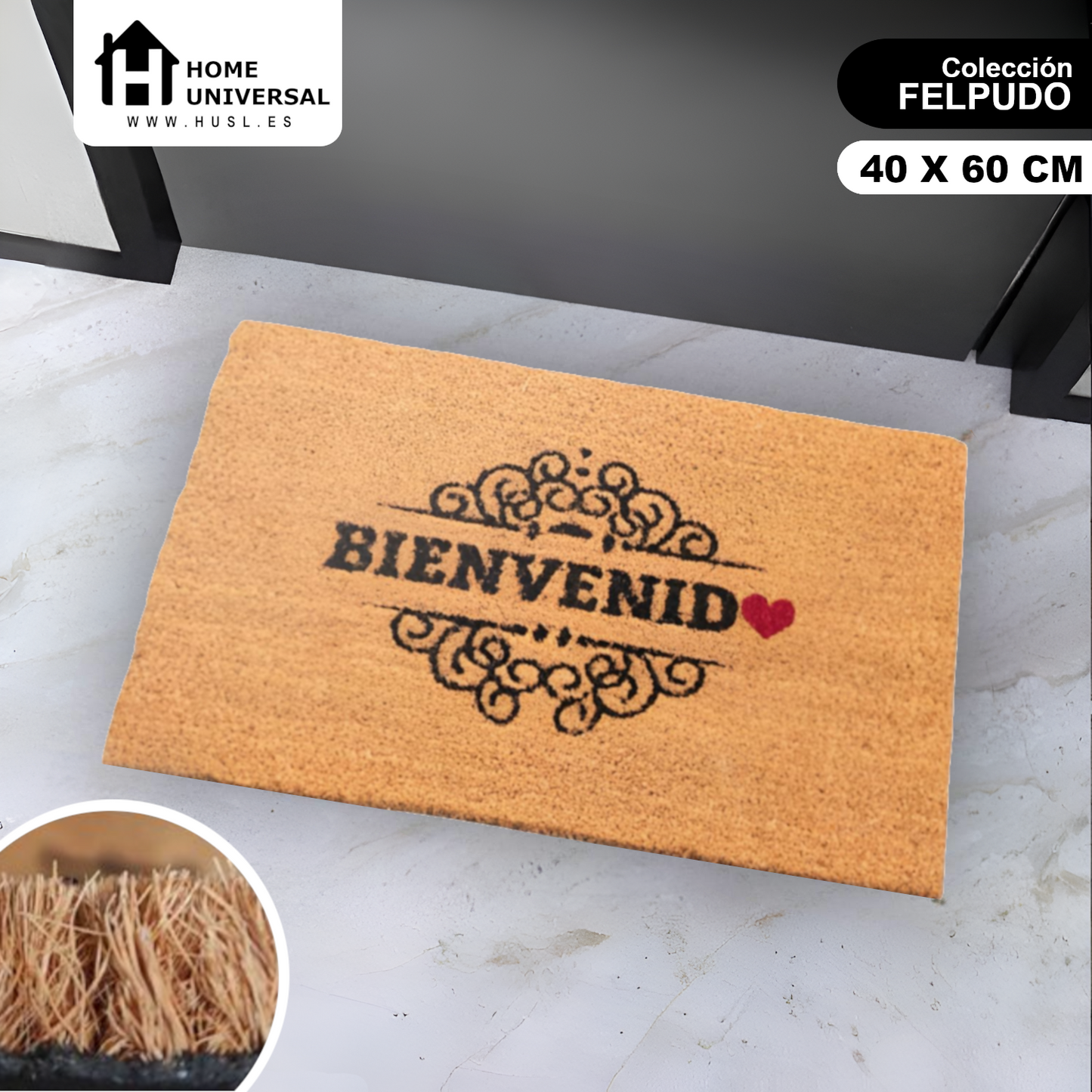 Home Universal ® Felpudos 60x40CM Fibra de Coco | Base Antideslizante de Caucho | Apto para el Exterior (Bienvenido Amor)