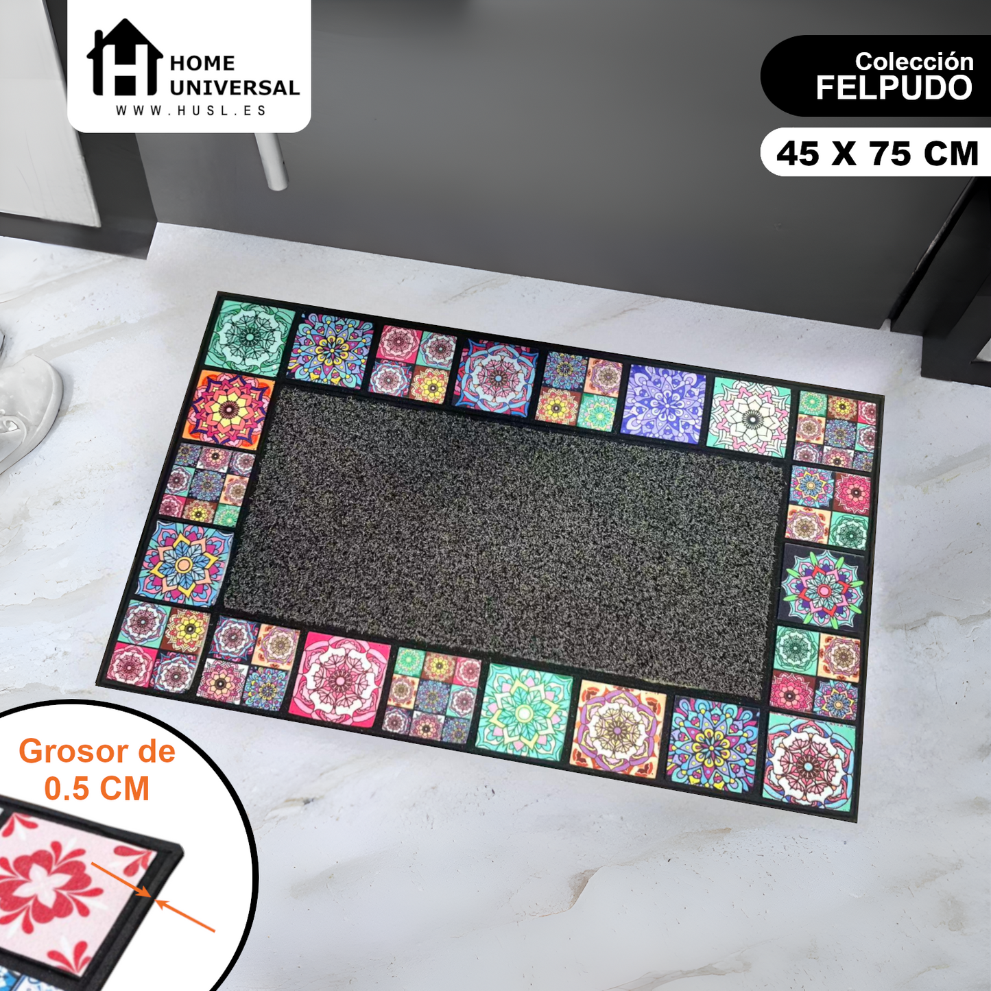 Home Universal® Felpudo de Goma Antideslizante para Exterior y interior – Resistente a Lluvia y Barro, Limpia Zapatos, Alta Durabilidad – Varias Medidas, 45X75CM, Colorido (Diseño Mosaico Azulejo)