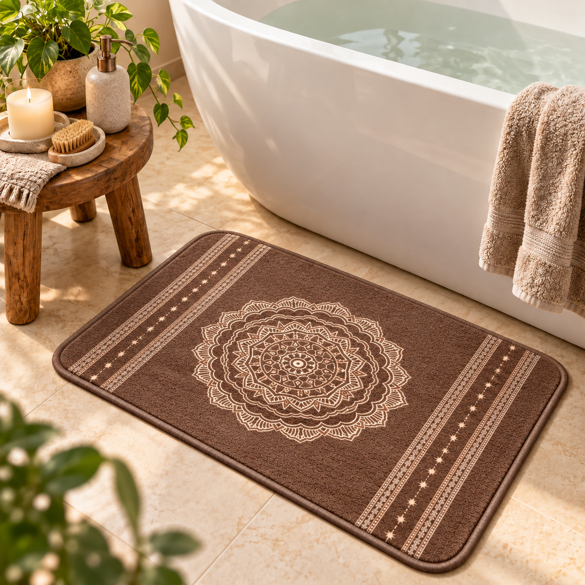 Home Universal® 2 Alfombras de Baño Absorbentes y Antideslizantes, Alfombrillas Suaves con Base de Goma, Lavables a Máquina, para Ducha, Bañera y Lavabo (Mandala Marrón, 45 x 75 cm (Rectangular))