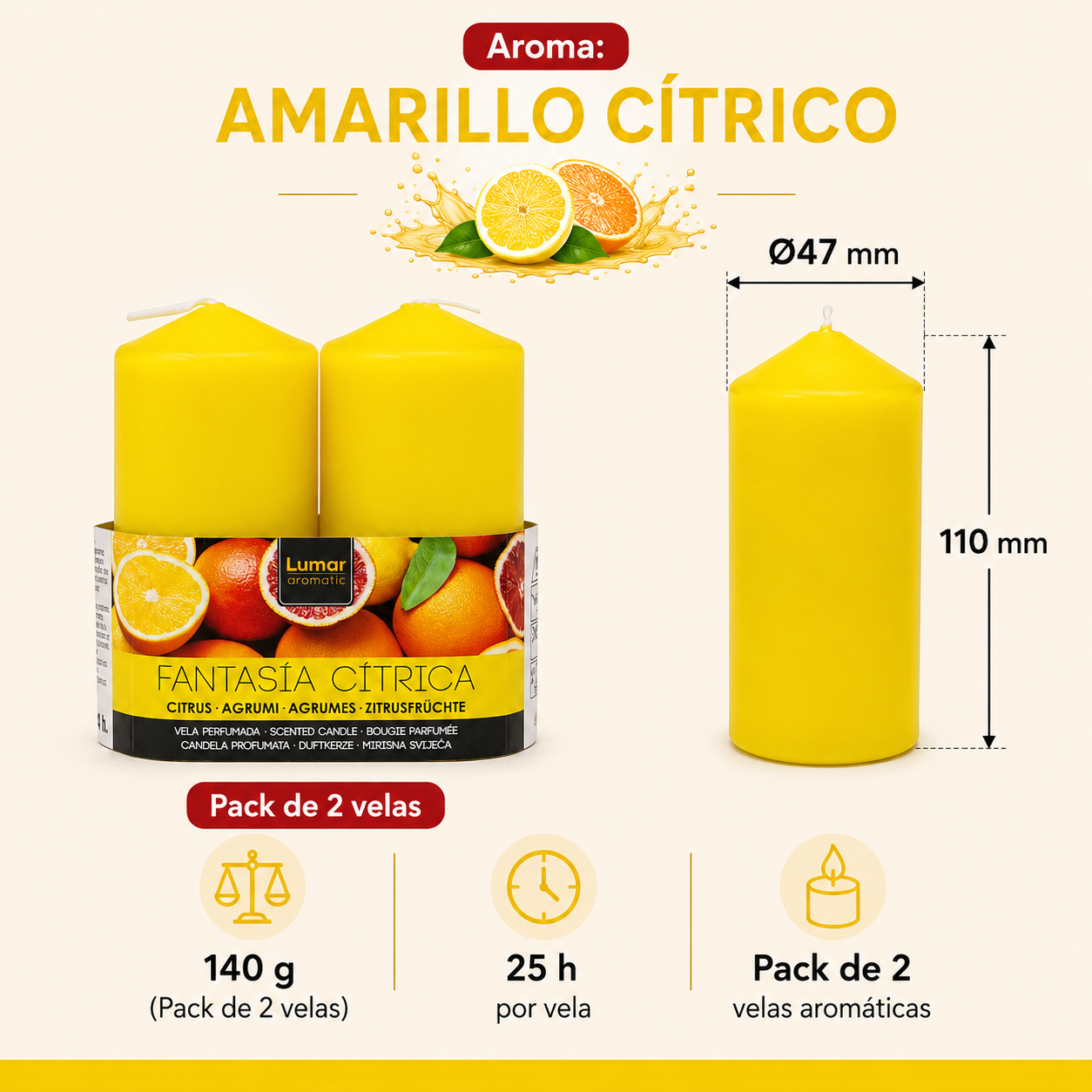 Home Universal® 6 Velas Aromáticas Perfumadas, 9 Aromas Disponibles, 2 Tamaños Disponibles, Velas Decorativas para Hogar, Relax, Spa y Aromaterapia (AMARILLO CITRICO Ø47 × 110 mm)