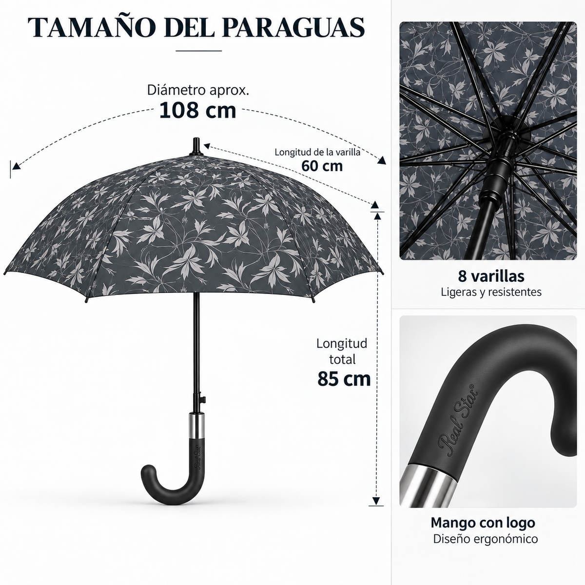 Home Universal® Paraguas Grande Semiautomático, Paraguas Largo Resistente al Viento con Mango Curvo para Mujer y Hombre (Gris Elegance)