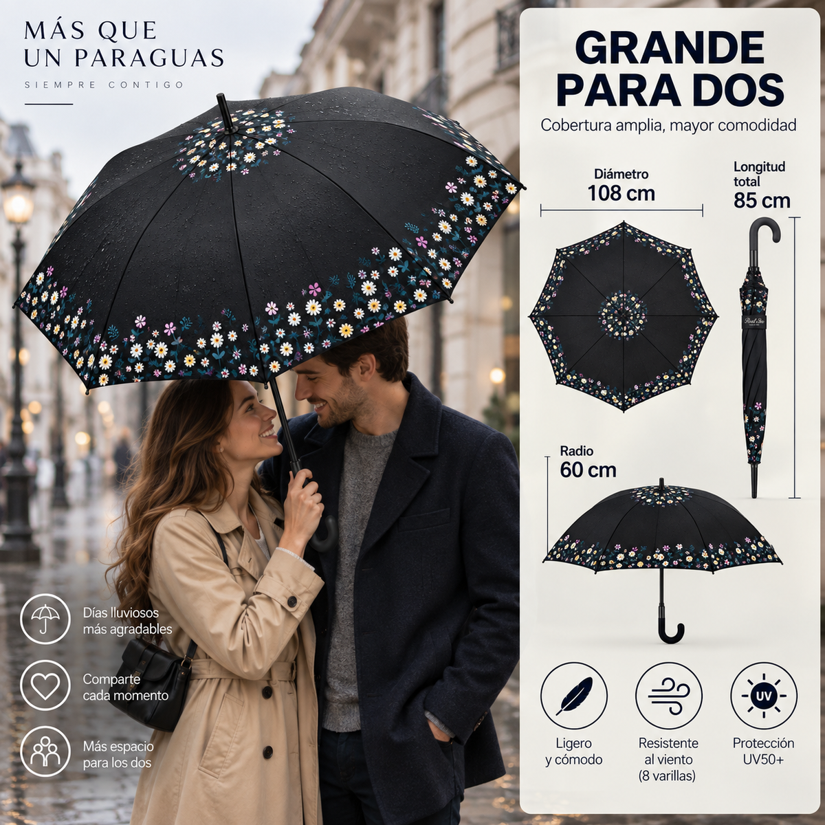 Home Universal® Paraguas Grande Semiautomático, Paraguas Largo Resistente al Viento con Mango Curvo para Mujer y Hombre (Noche Floral)