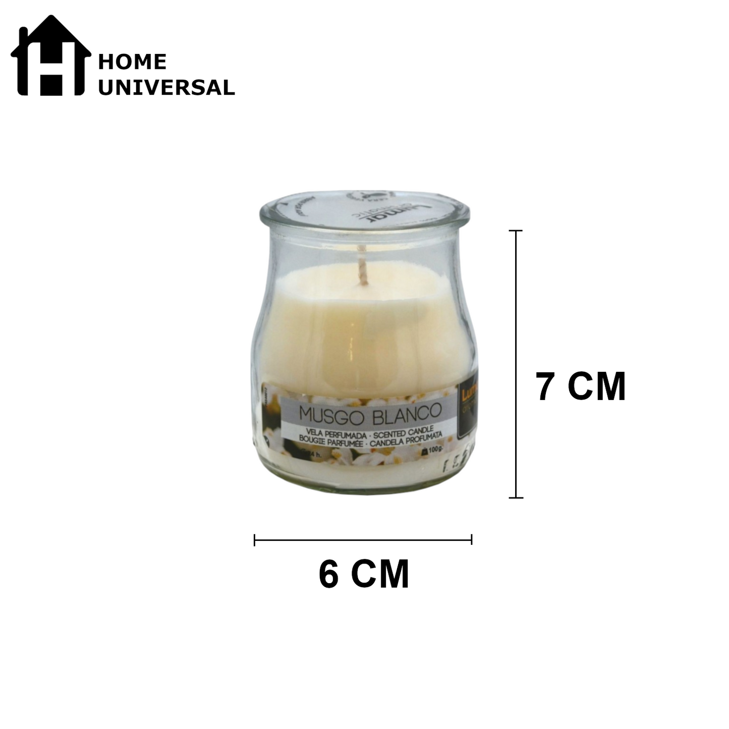 Home Universal® Pack de 3/6/12 Velas Aromáticas en Vaso de Cristal Reciclable LUMAR AROMATIC – 24h de Duración por Vela – Cera Vegetal Perfumada – 16 Fragancias Disponibles – Fabricadas en España – 7x6cm (Musco Blanco)