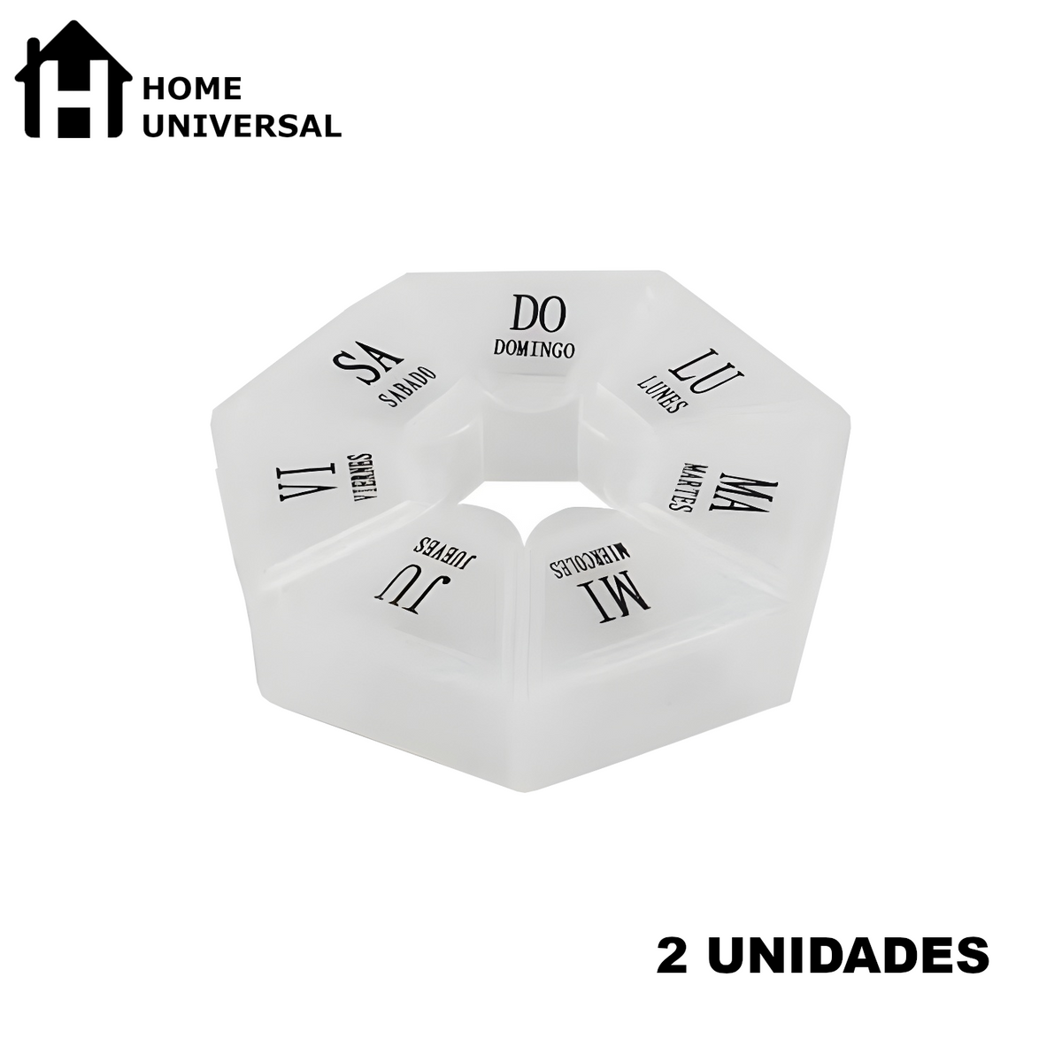 Home Universal® Pastillero portátil y semanal con 6, 7 o 28 compartimentos | Caja organizadora de pastillas con cortador integrado – Diferentes colores y formatos (Pastillero semanal 7 compartimentos - Octogonal)