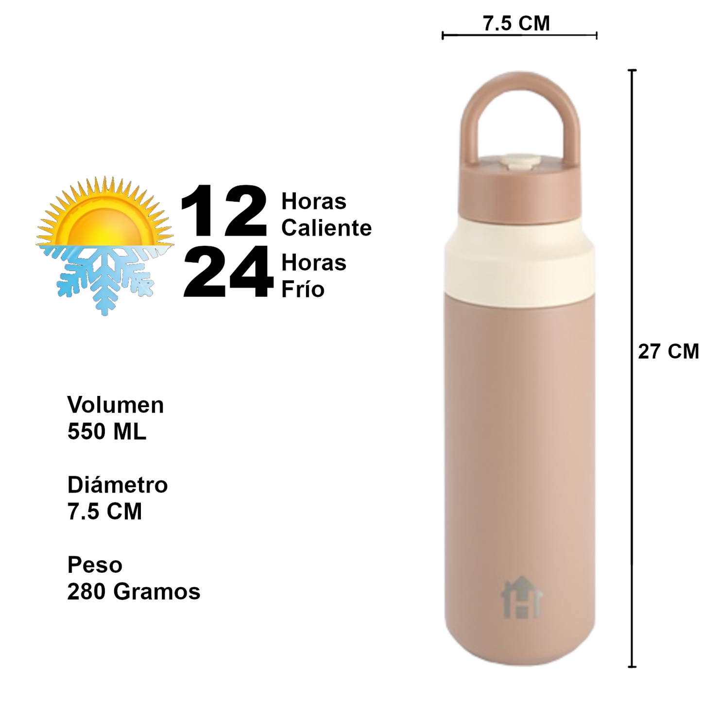 Home Universal® Botella Térmica 550ML de Apertura Rápida – Termo de Acero Inoxidable Antifugas para Café, Té y Bebidas Frías 24H/Calientes 12H (Marrón Claro)