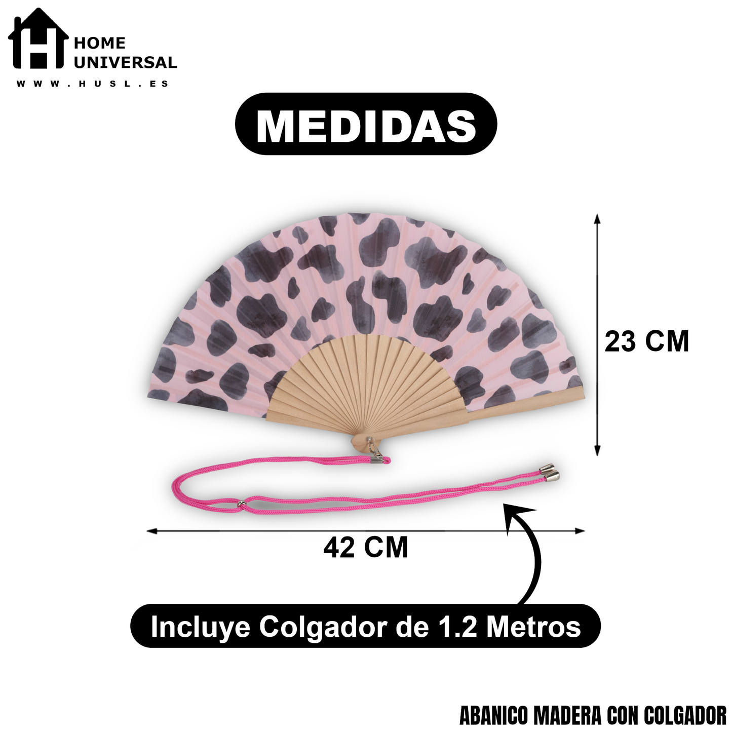 Home Universal® Abanico 23 cm con Cuerda para Cuello – Abanico Plegable de Madera Ligero y Portátil – Accesorio de Verano para Playa, Festivales, Bodas y Eventos – Diseño Divertido, Ideal para Viajes y Calor (Vaca Rosa)