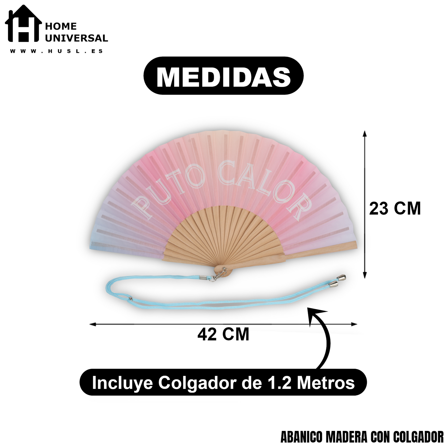 Home Universal® Abanico 23 cm con Cuerda para Cuello – Abanico Plegable de Madera Ligero y Portátil – Accesorio de Verano para Playa, Festivales, Bodas y Eventos – Diseño Divertido, Ideal para Viajes y Calor (P*TO CALOR (Fantasía))