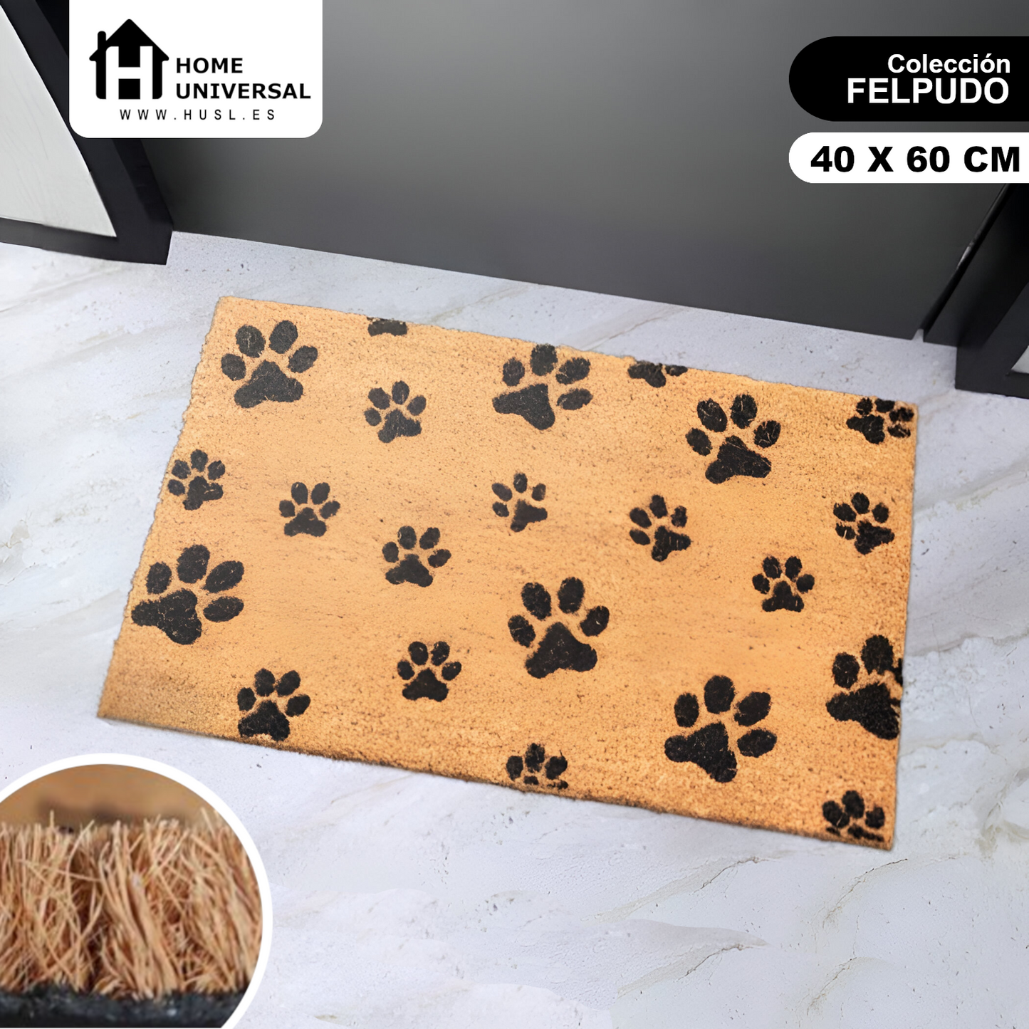 Home Universal ® Felpudos 60x40CM Fibra de Coco | Base Antideslizante de Caucho | Apto para el Exterior (Huellas de Perro)