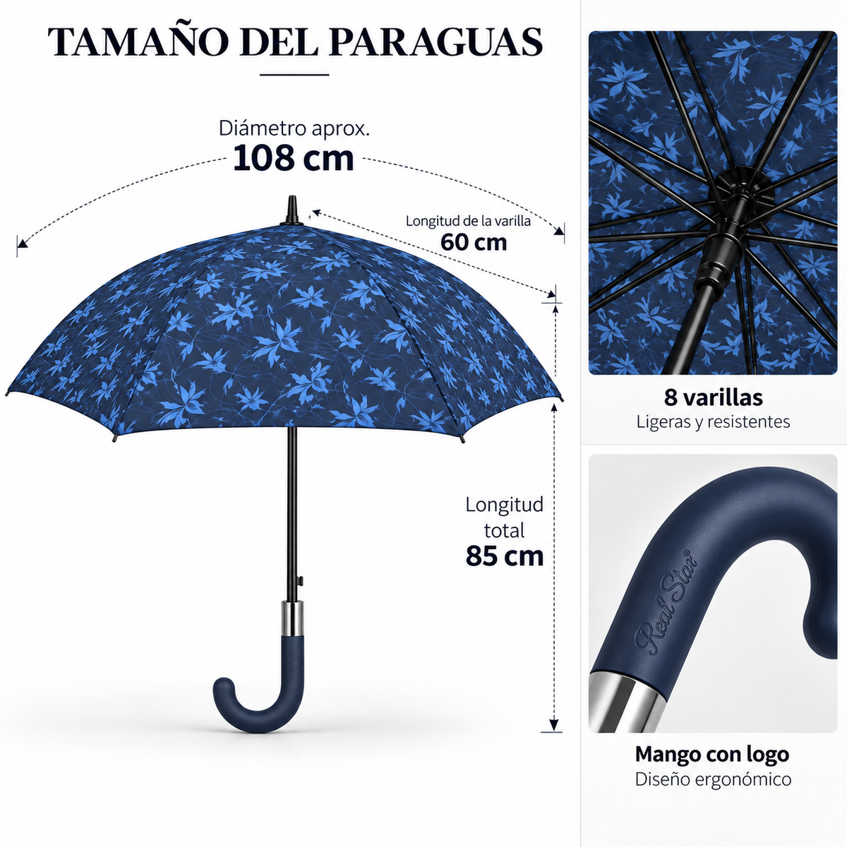 Home Universal® Paraguas Grande Semiautomático, Paraguas Largo Resistente al Viento con Mango Curvo para Mujer y Hombre (Azul Nocturno)