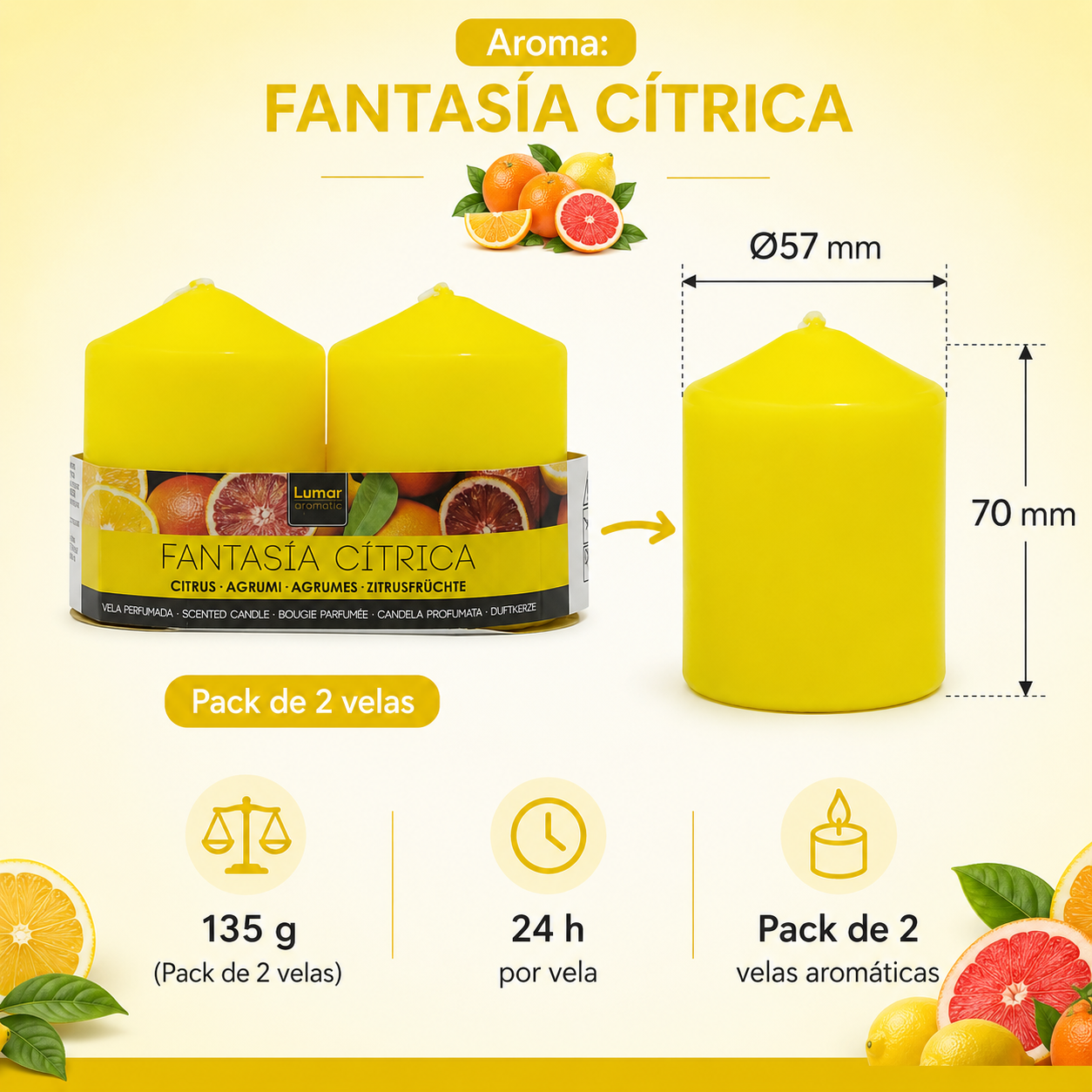 Home Universal® 6 Velas Aromáticas Perfumadas, 9 Aromas Disponibles, 2 Tamaños Disponibles, Velas Decorativas para Hogar, Relax, Spa y Aromaterapia (AMARILLO CITRICO Ø57 × 70 mm)