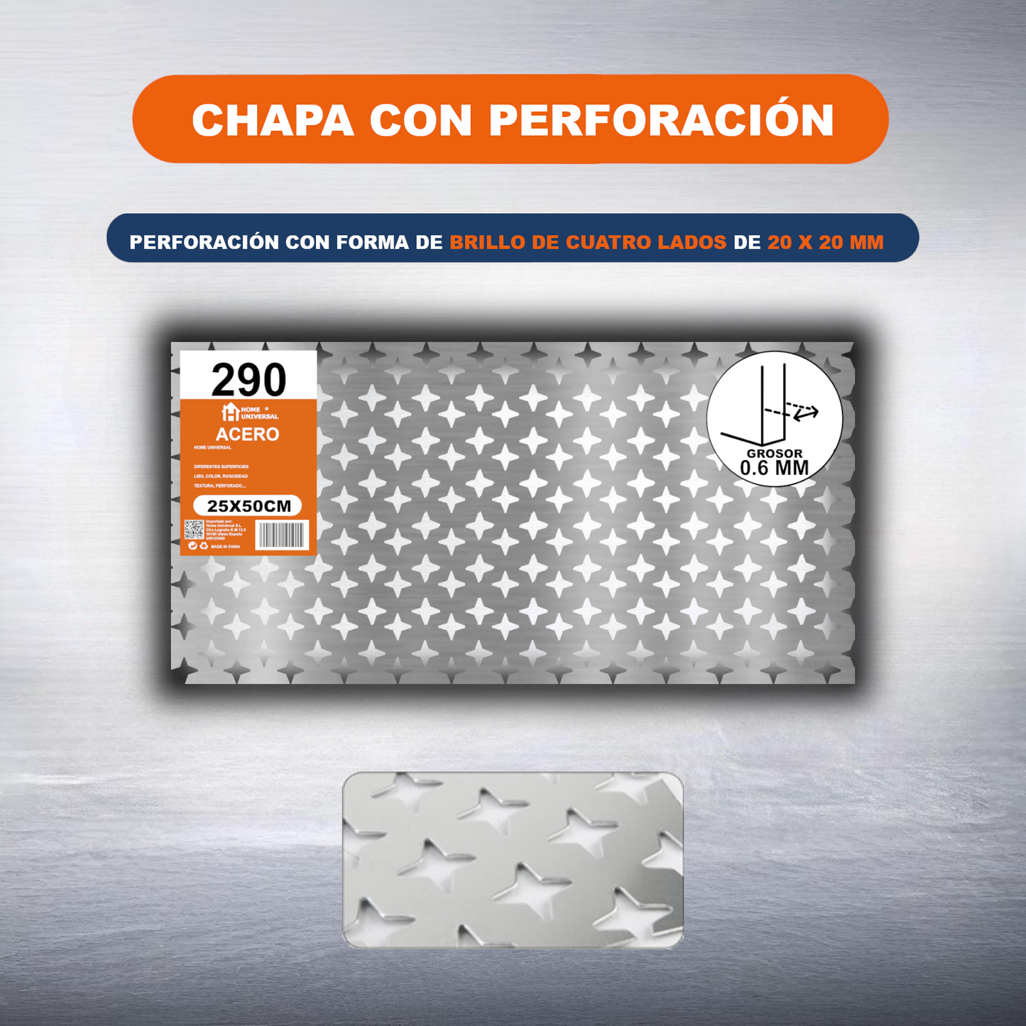 Home Universal® Chapa Galvanizada Lisa y Perforada, Lámina Metálica Resistente Anticorrosión para BricolajeSuperficie (Superficie Perforada Forma Brillo-20X20MM (25X50CM - 0.6MM))