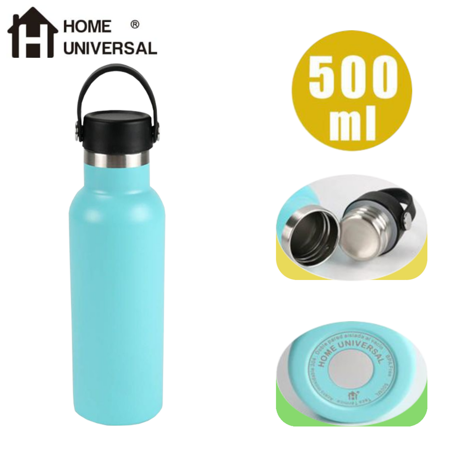 Home Universal® Botella Térmica 500ml de Acero Inoxidable | 12h y Frías 24h | Doble Pared | Mantiene Frío y Caliente por Horas | Antiderrames, Ligera e Ideal para Deporte, Oficina y Viajes (Verde Turquesa)