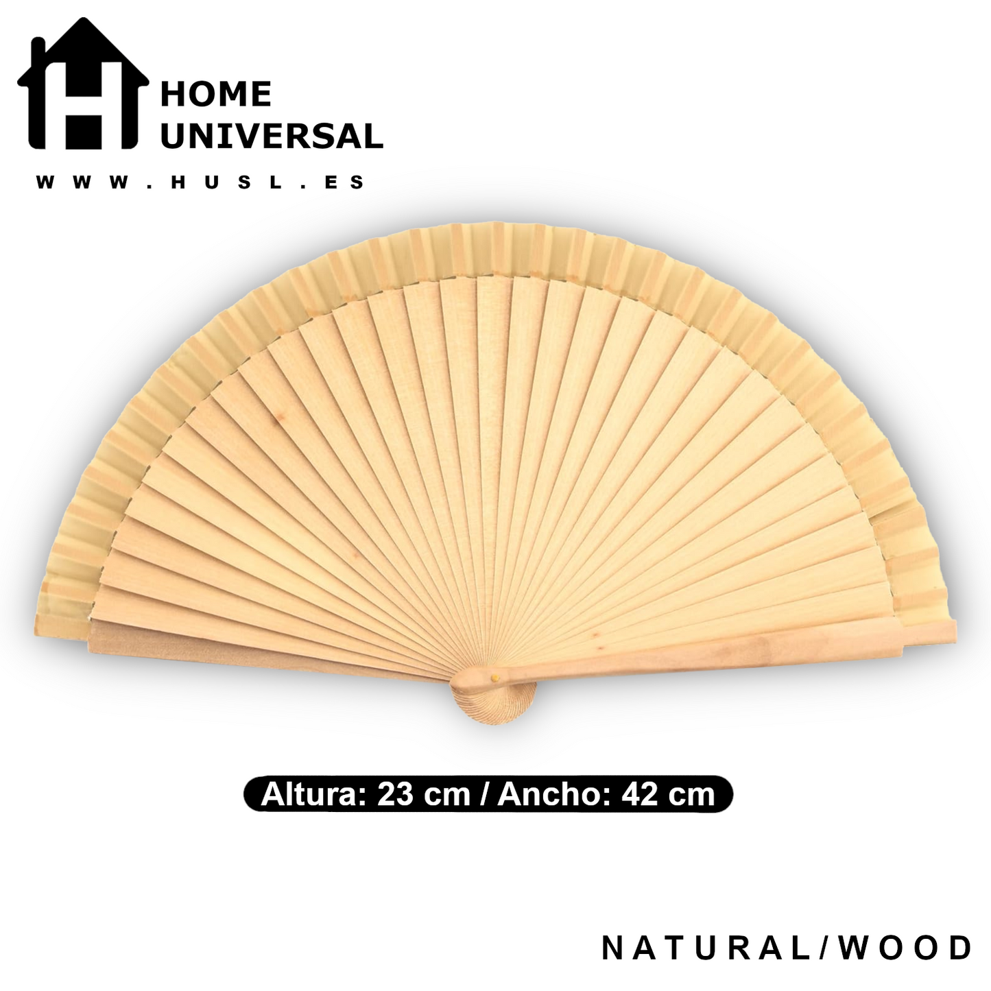 Home Universal ® Abanico Madera Español con Tela Lisa 23cm, Detalles para los Invitados, Regalos de Boda, Fiestas, Comuniones y Otros Eventos (Madera Natural)
