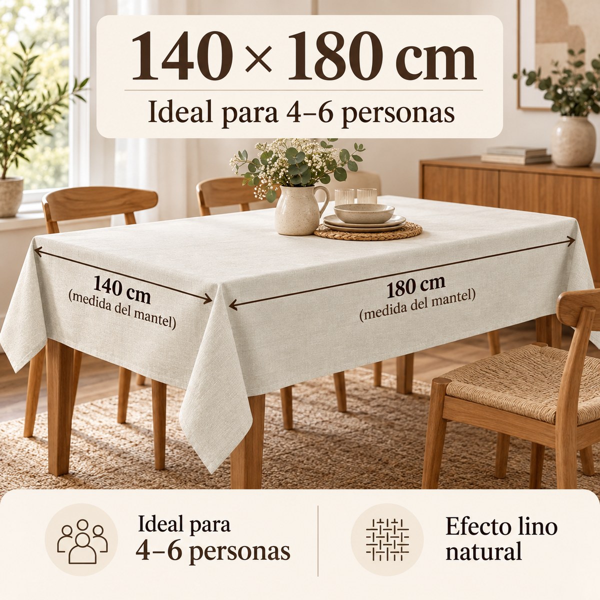 Home Universal® Mantel de Mesa Impermeable y Antimanchas, Tejido de Loneta con Efecto Lino , Liso o Estampado, para Cocina y Comedor (Blanco Liso)