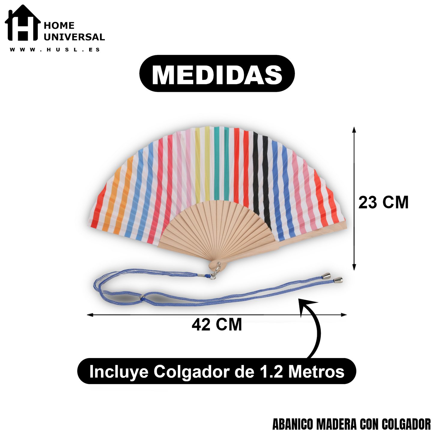 Home Universal® Abanico 23 cm con Cuerda para Cuello – Abanico Plegable de Madera Ligero y Portátil – Accesorio de Verano para Playa, Festivales, Bodas y Eventos – Diseño Divertido, Ideal para Viajes y Calor (Rayas Coloridos)
