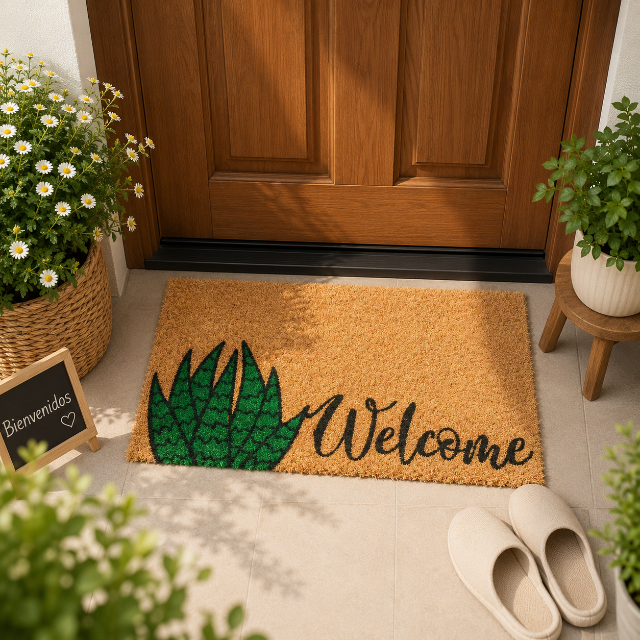 Home Universal ® Felpudos 60x40CM Fibra de Coco | Base Antideslizante de Caucho | Apto para el Exterior (Hojas Welcome)