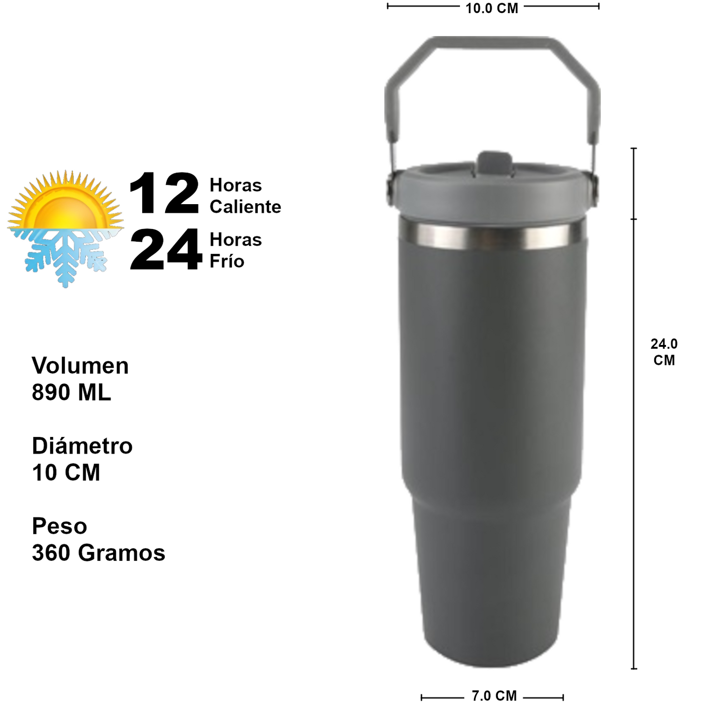 Home Universal ® Vaso térmico 890 ml | Botella de Agua Térmica 0,89L con Pajita | Acero Inoxidable sin BPA | Mantiene Frío 24h y Calor 12h | Termo Reutilizable Fácil de Llevar y Apto Lavavajillas (Gris)