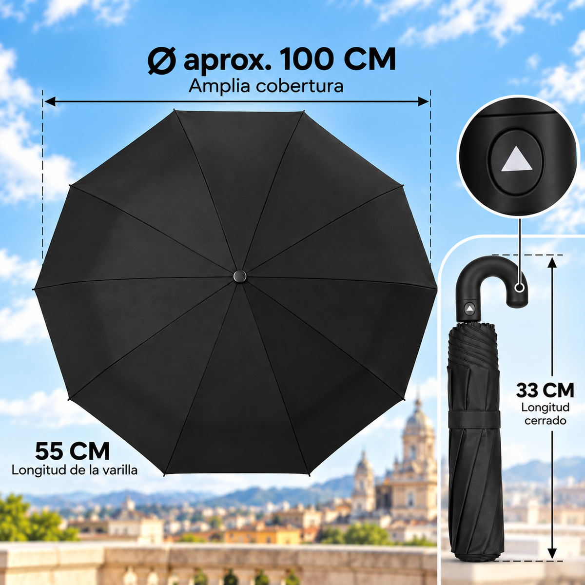 Home Universal® Paraguas Automático Plegable Grande, Compacto y Resistente, para Lluvia y Sol (Solo Apertura Automática (Mango Curvo))