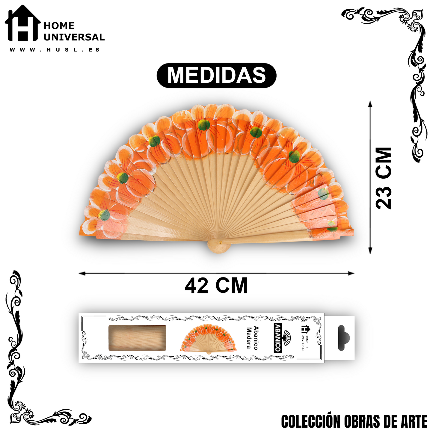 Home Universal®  Abanico 23CM DE Madera Lisa con Tela de Marfil, Abanico de Madera Adornado, Abanico Original - Floral Naranja