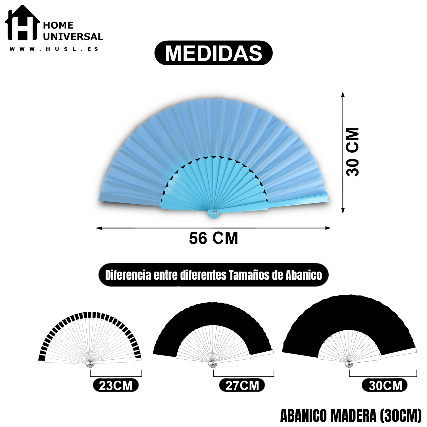 Home Universal® Abanico de madera con argollas para colgar, plegable, ligero y resistente, ideal para bodas, eventos y verano, diseño clásico y portátil perfecto para regalo y uso diario - Azul celeste (30CM)
