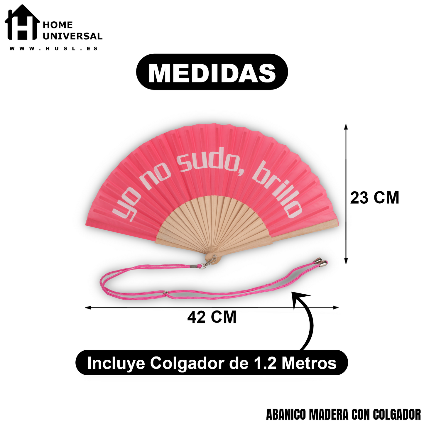 Home Universal® Abanico 23 cm con Cuerda para Cuello – Abanico Plegable de Madera Ligero y Portátil – Accesorio de Verano para Playa, Festivales, Bodas y Eventos – Diseño Divertido, Ideal para Viajes y Calor (yo no sudo, brillo (Rosa))