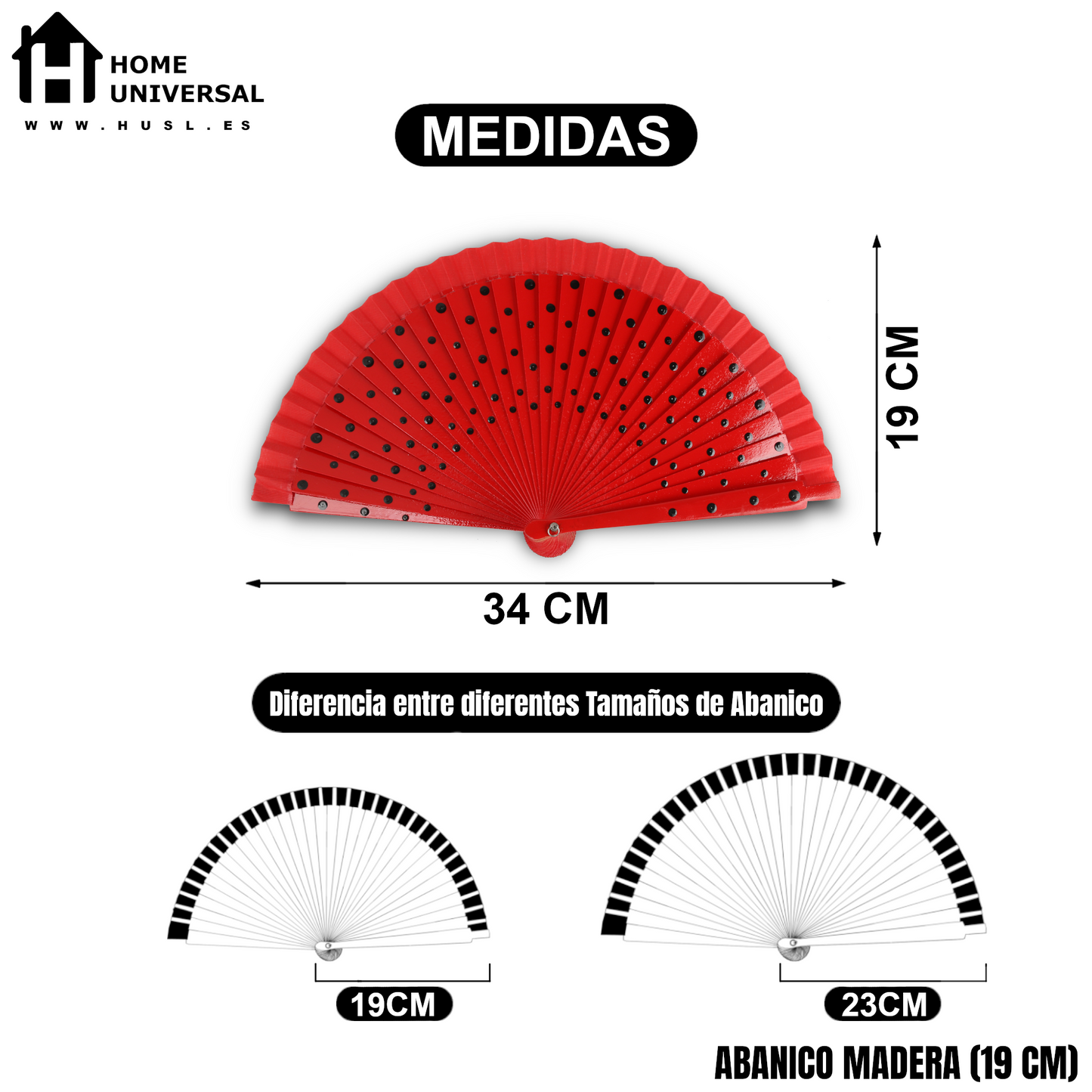 Home Universal® Pack de 1/2 Abanicos de Madera Lacados, Disponibles en Varios Colores y Tamaños, Abanico Flamenco Español para Bodas, Ferias, Fiestas, Comuniones y Eventos (19 cm, Rojo Con Lunar Negro)