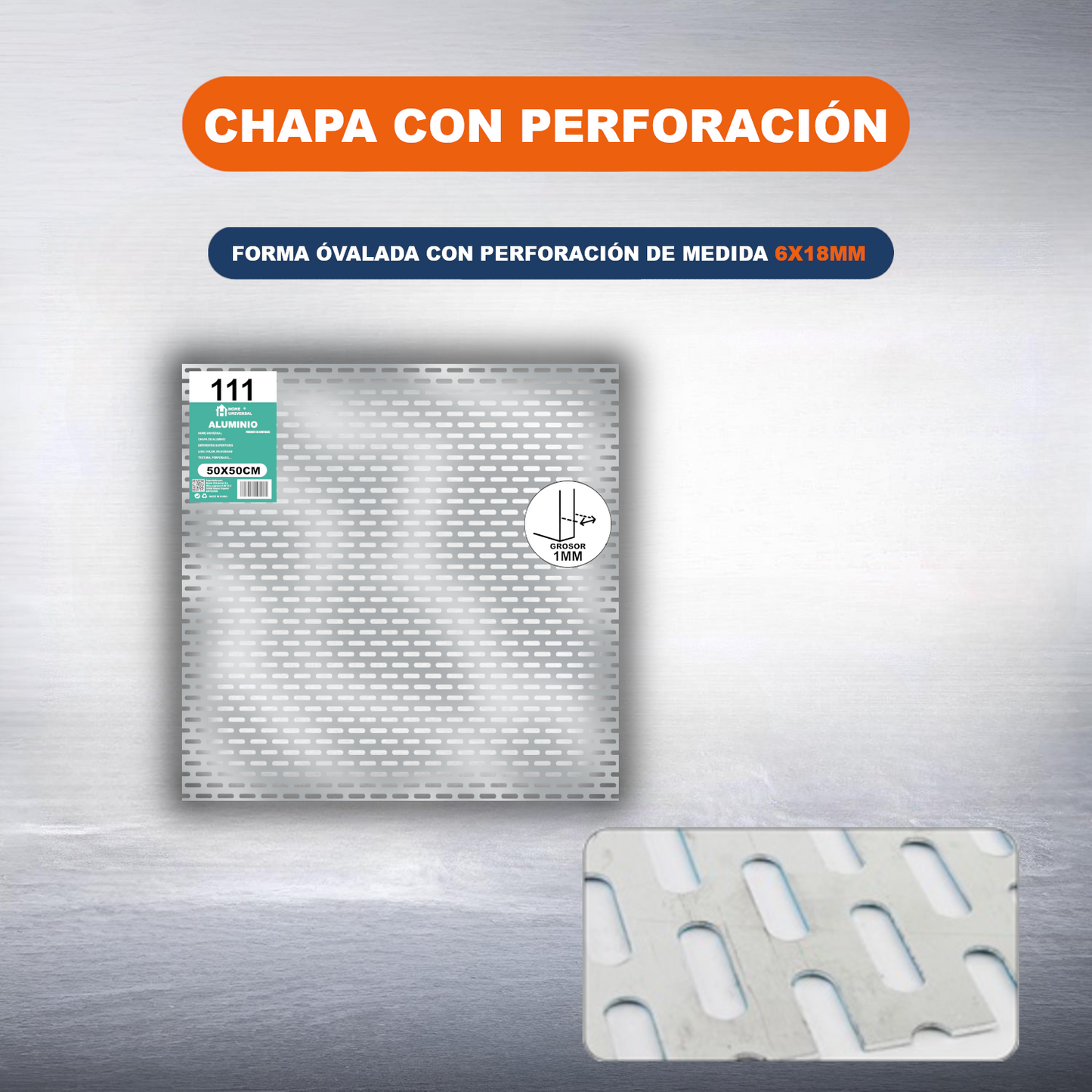 ome Universal® Chapa de Aluminio Estriada, Lisa, Malla y Perforada (Cuadrada, Ovalada, Redonda), Rugosa – Lámina Metálica Resistente Anticorrosión para Bricolaje e Industria Superficie (Perforada Forma Óvalo) - 6X18MM(50X50CM - 1MM)