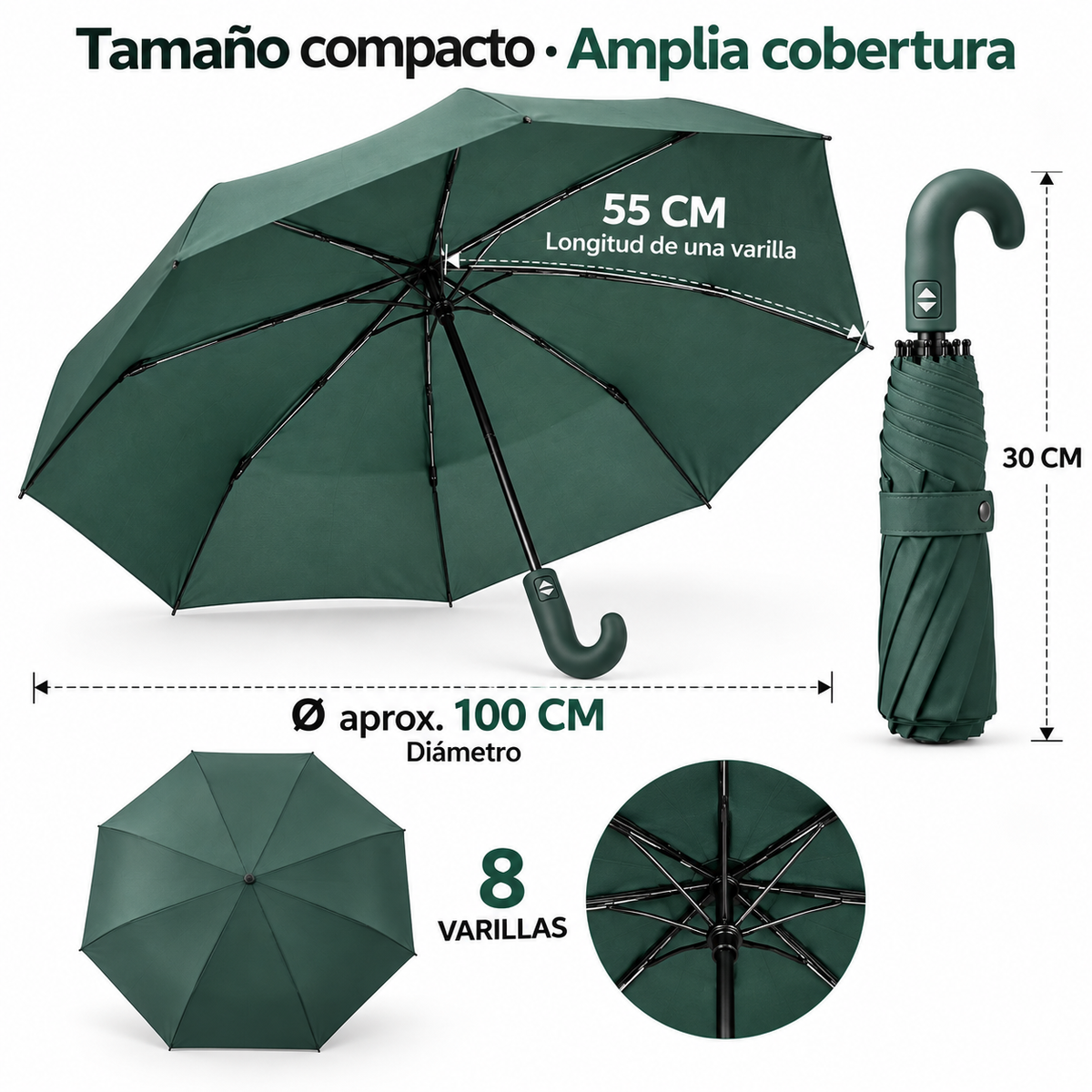 Home Universal® Paraguas Automático Plegable Grande, Compacto y Resistente, para Lluvia y Sol (Mango Curvo (Verde))