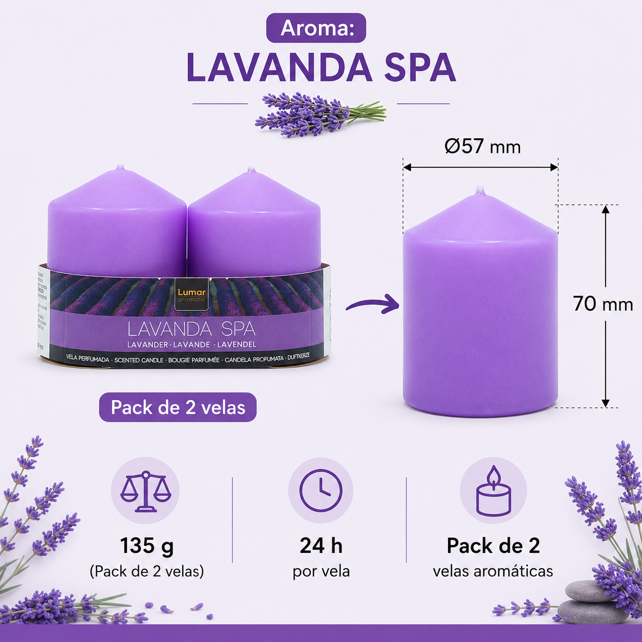 Home Universal® 6 Velas Aromáticas Perfumadas, 9 Aromas Disponibles, 2 Tamaños Disponibles, Velas Decorativas para Hogar, Relax, Spa y Aromaterapia (LILA LAVANDA Ø57 × 70 mm)