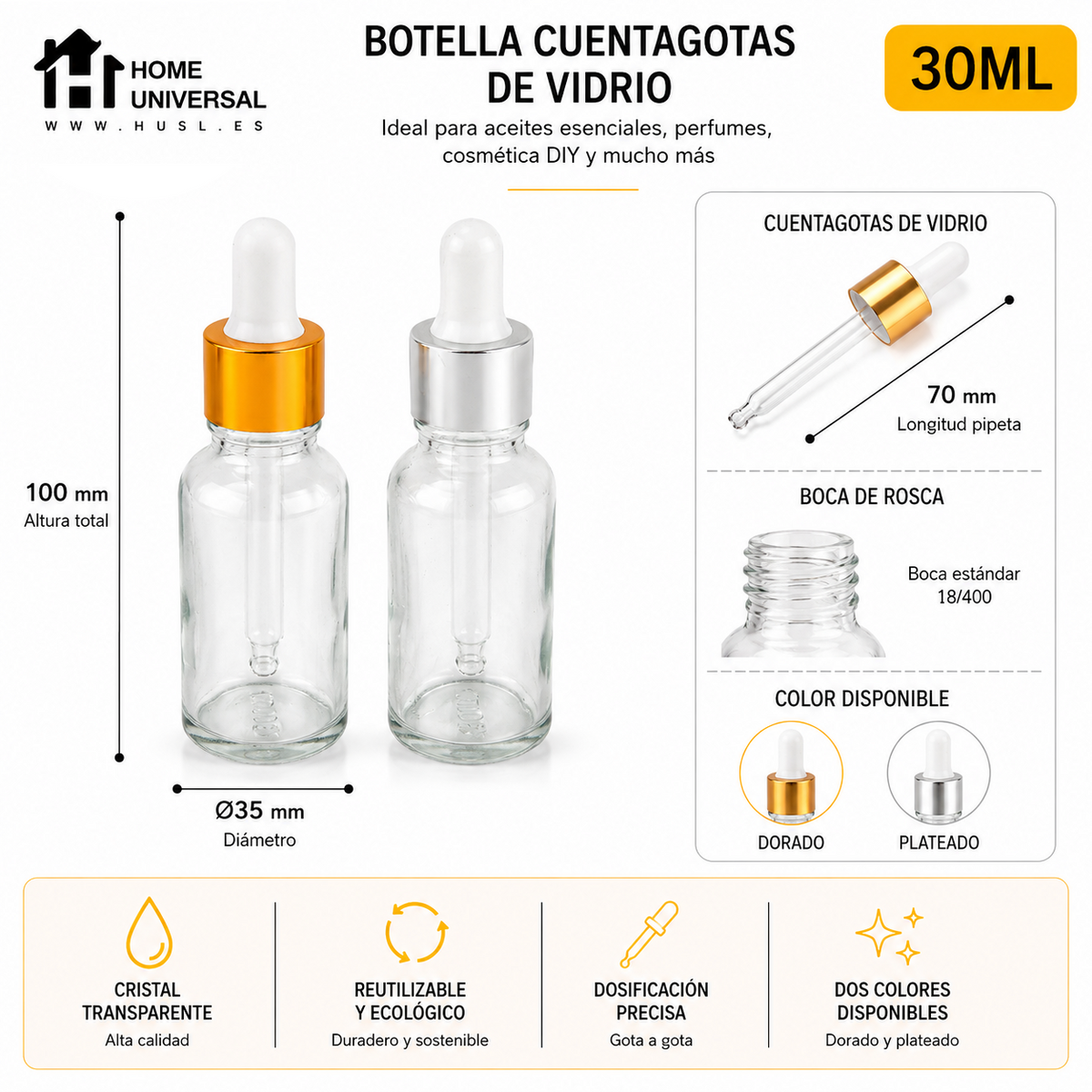 Home Universal® Frascos de Vidrio con Cuentagotas, Pipeta Redonda y Pipeta Larga, Botellas Vacías para Aceites Esenciales, Sérum, Cosmética, Perfumería, DIY (Pipeta Larga, 30ml, 24 Unidades)