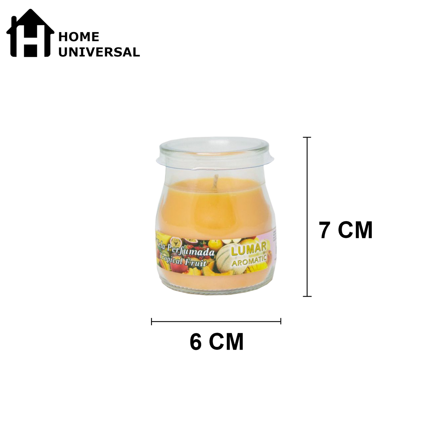 Home Universal® Pack de 3/6/12 Velas Aromáticas en Vaso de Cristal Reciclable LUMAR AROMATIC – 24h de Duración por Vela – Cera Vegetal Perfumada – 16 Fragancias Disponibles – Fabricadas en España – 7x6cm (Frutas Tropicales)