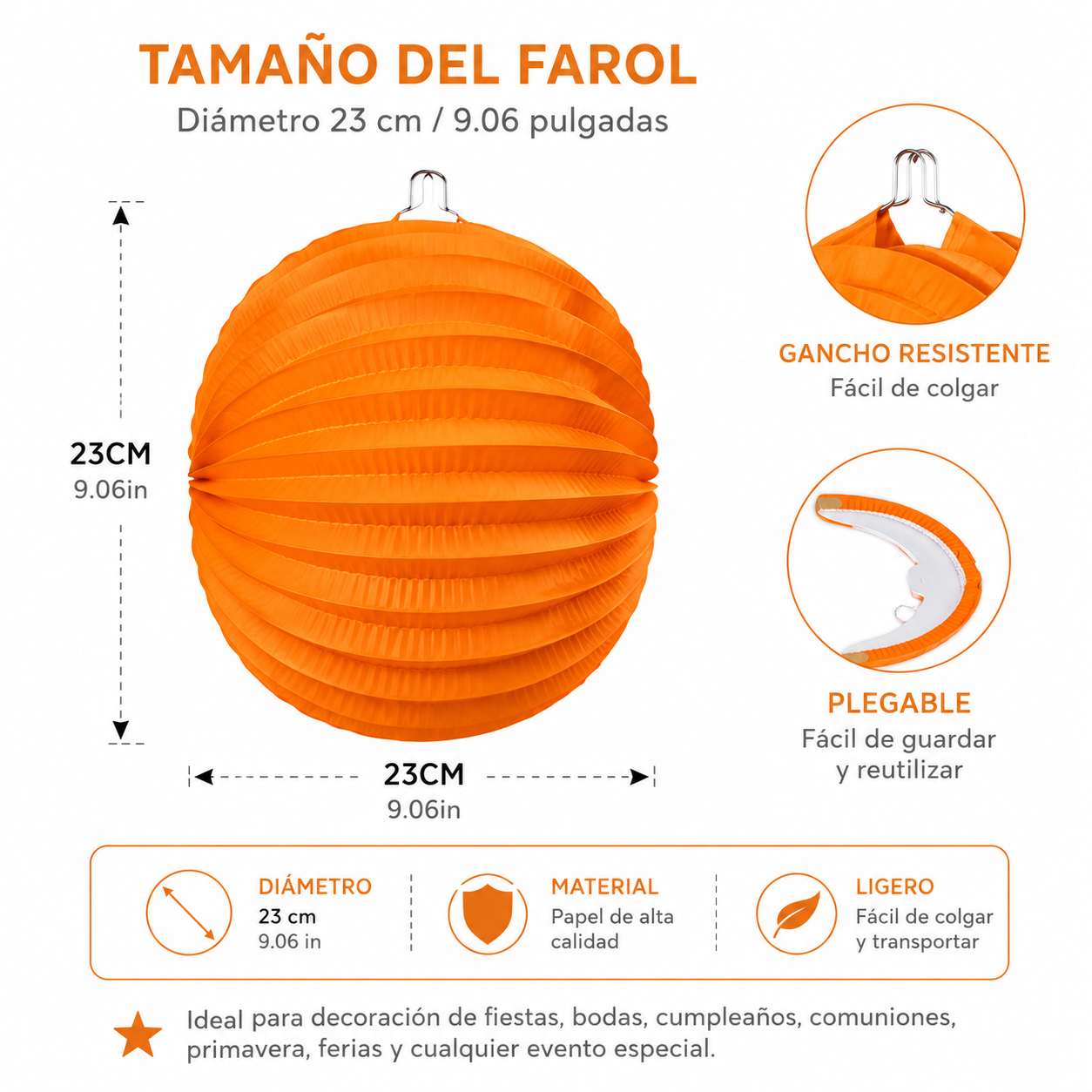 Home Universal® 12 Farolillos Japoneses de Papel, Decoración Colgante Multicolor para Cumpleaños, Bodas, Jardín y Celebraciones (Farolillo Redondo Naranja)