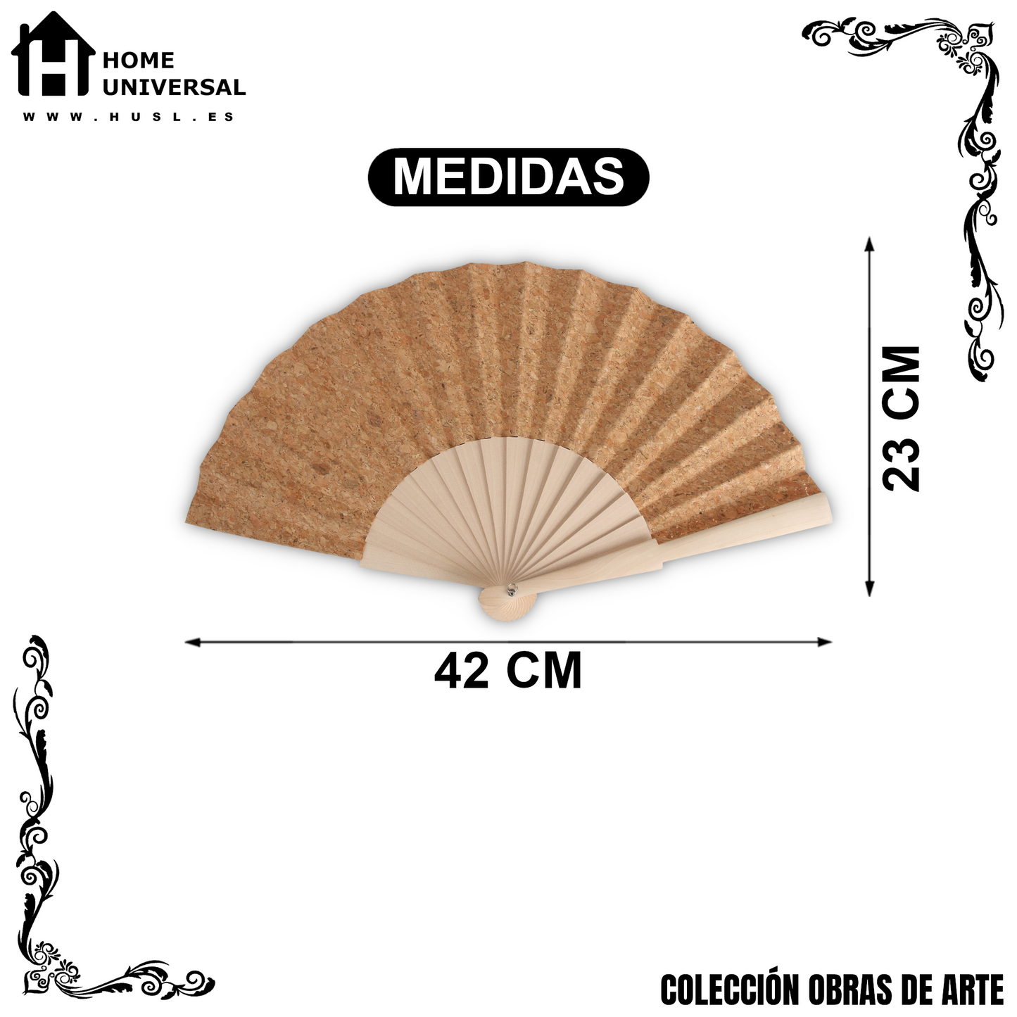 Abanico de Madera Natural 23 cm con Tela de Corcho, Con Caja y Cordón, Abanico Liso para Pintar, Bodas, Manualidades, Eventos y Uso Diario