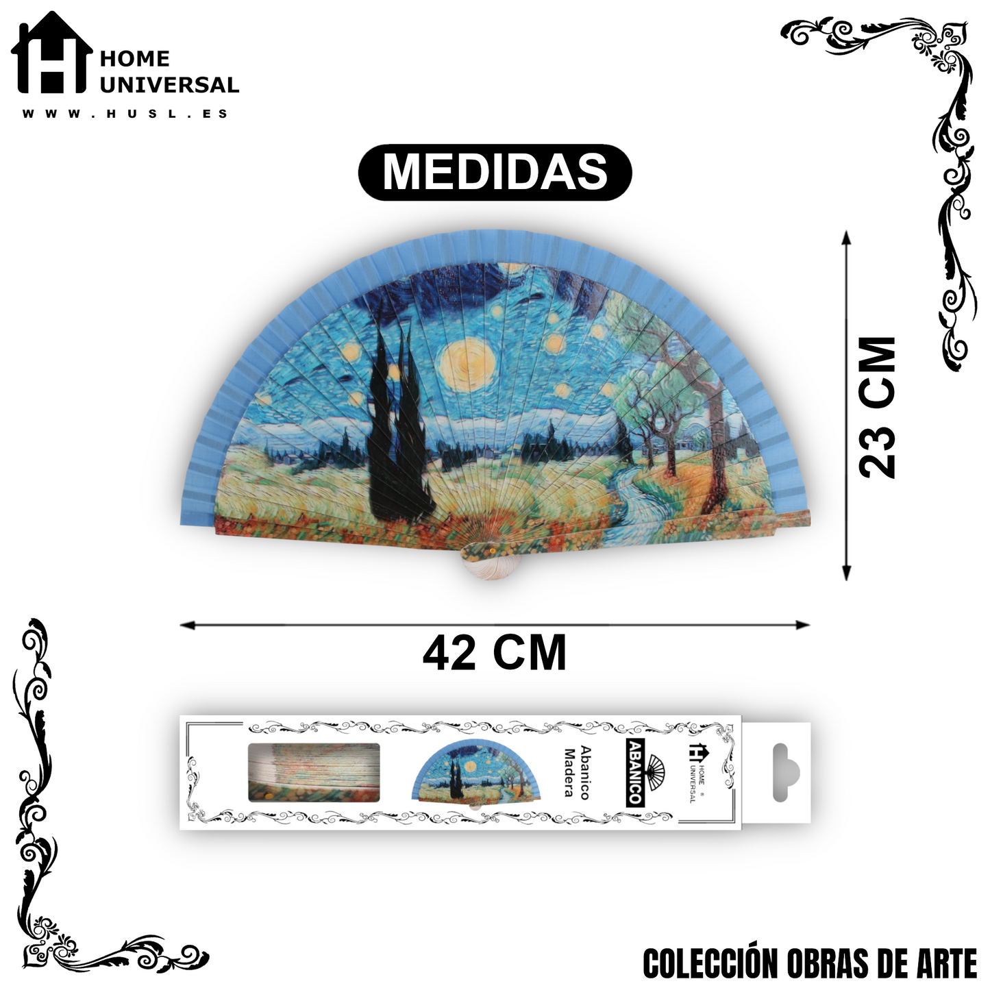 Home Universal®  Abanico 23CM DE Madera Lisa con Tela de Marfil, Abanico de Madera Adornado, Abanico Original - Paseo Estrellada (Estilo Vincent van Gogh)