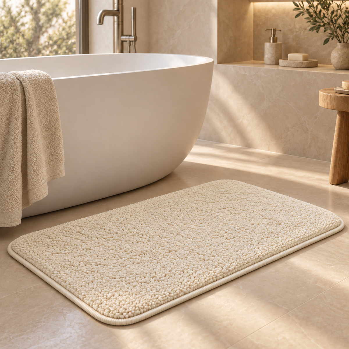 Home Universal® 2 Alfombras de Baño Absorbentes y Antideslizantes, Alfombrillas Suaves con Base de Goma, Lavables a Máquina, para Ducha, Bañera y Lavabo (Crema, 45 x 75 cm (Rectangular))