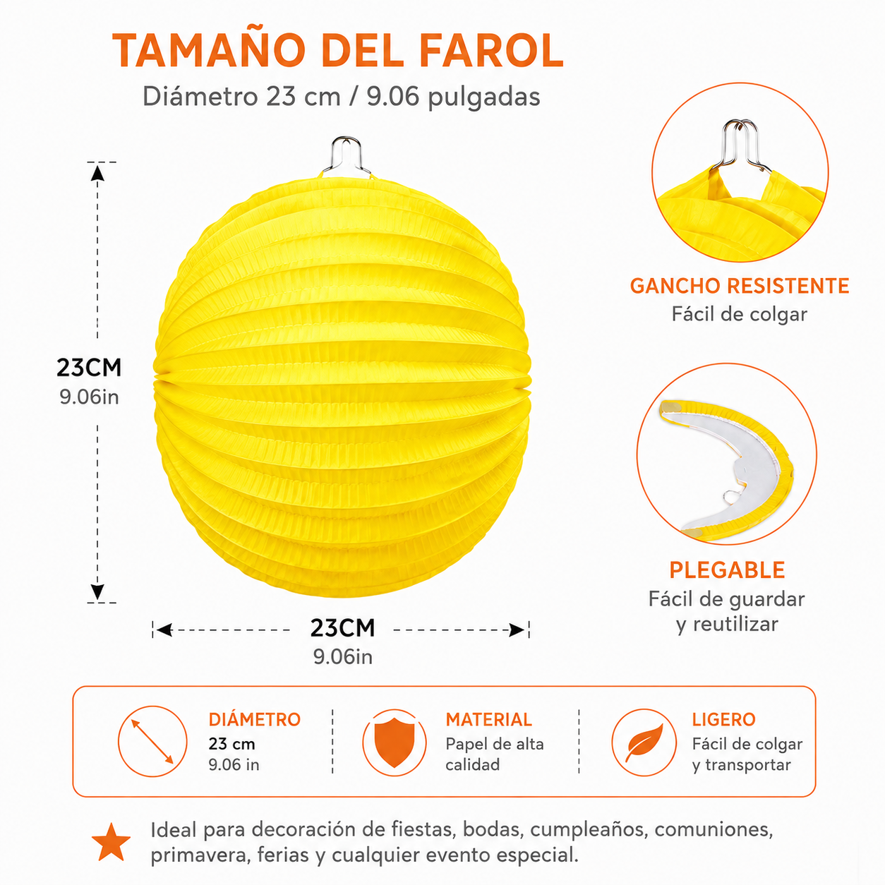Home Universal® 12 Farolillos Japoneses de Papel, Decoración Colgante Multicolor para Cumpleaños, Bodas, Jardín y Celebraciones (Farolillo Redondo Amarillo)