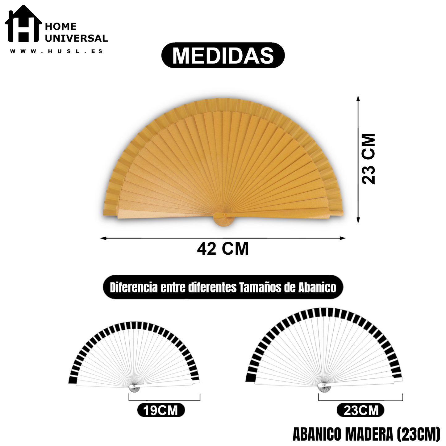 HOME UNIVERSAL Abanicos Madera con caja Liso 23CM, Detalles para los Invitados, Regalos de Boda, Fiesta, Comunión o Bautizo - (Dorado 23 CM con Caja)