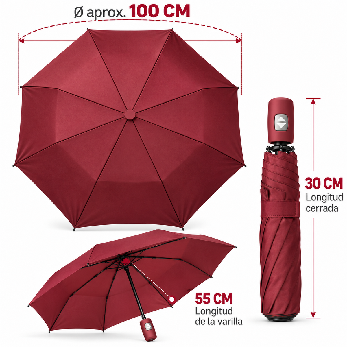 Home Universal® Paraguas Automático Plegable Grande, Compacto y Resistente, para Lluvia y Sol (Automático Apertura y Cierre (Rojo))