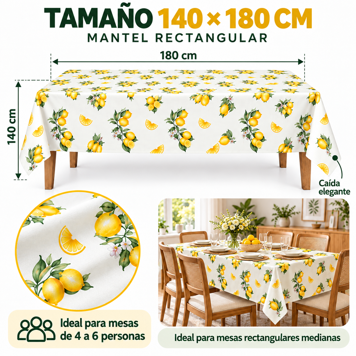 Home Universal® Mantel de Mesa Impermeable y Antimanchas, Tejido de Loneta con Efecto Lino , Liso o Estampado, para Cocina y Comedor (Limones)