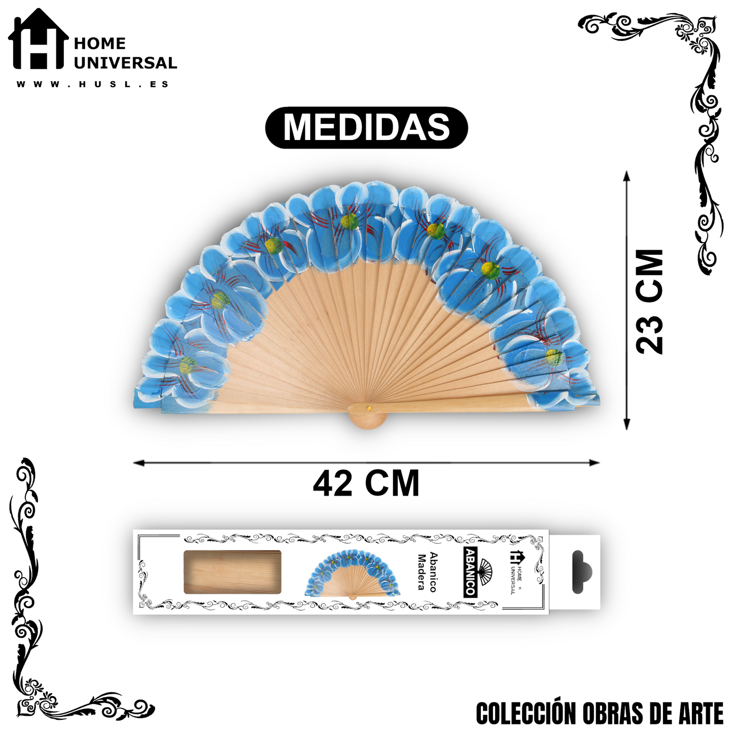 Home Universal®  Abanico 23CM DE Madera Lisa con Tela de Marfil, Abanico de Madera Adornado, Abanico Original - Floral Azul