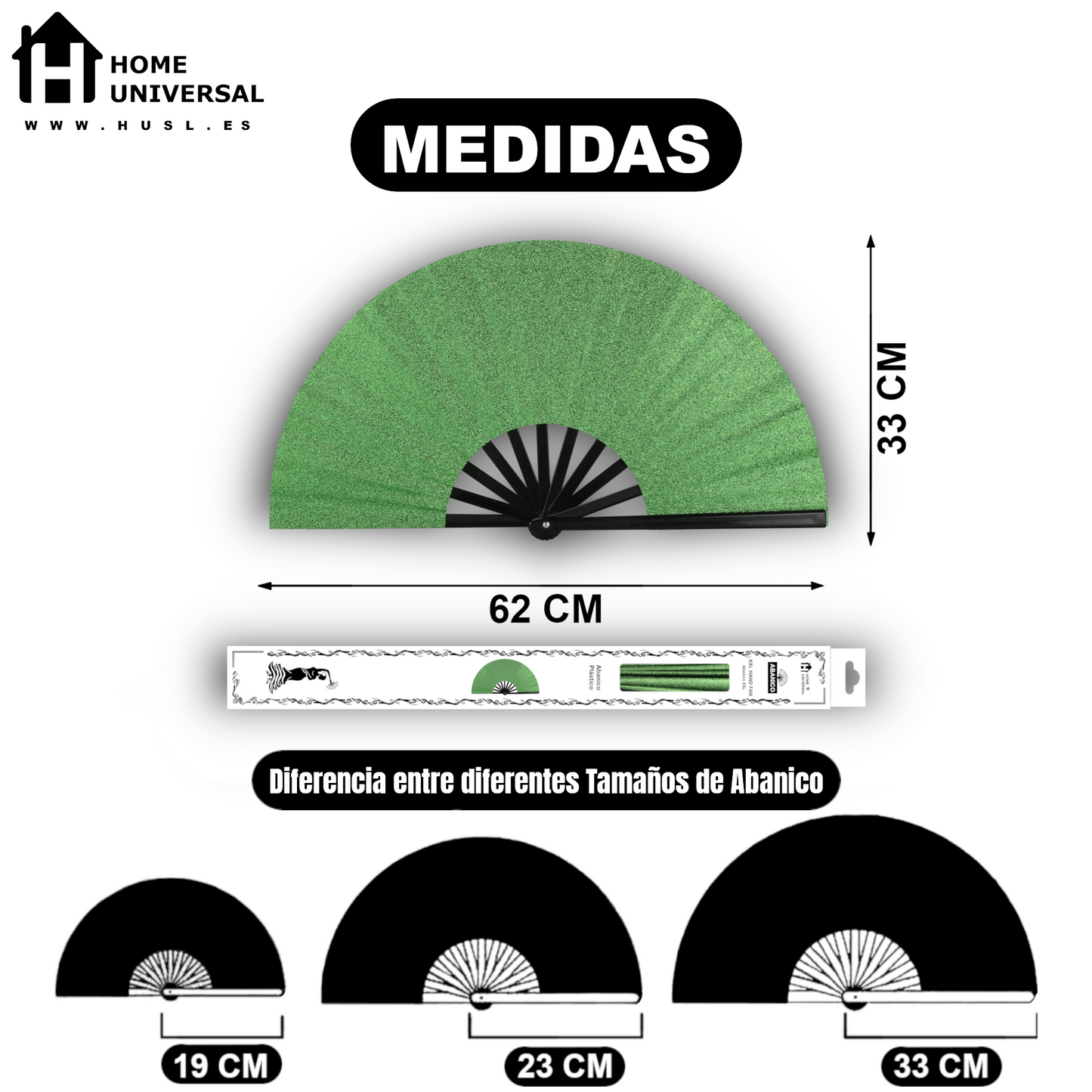 Home Universal® Abanico XXL 33 cm Grande de Plástico con Caja – Plegable, Ligero y Resistente – Efecto Fluorescente Brillante – Ideal para Verano, Fiesta, Discoteca, Pride y Eventos - Verde Claro (Purpurina)