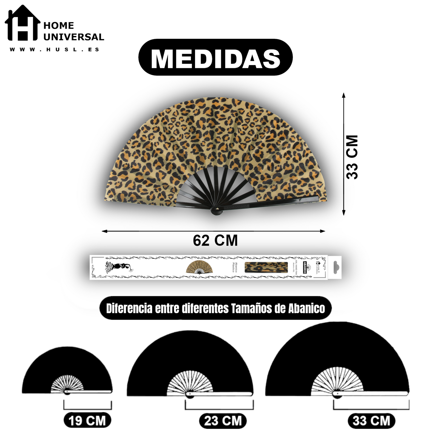 Home Universal® Abanico XXL 33 cm Grande de Plástico con Caja – Plegable, Ligero y Resistente – Efecto Fluorescente Brillante – Ideal para Verano, Fiesta, Discoteca, Pride y Eventos (Leopardo - Natural)