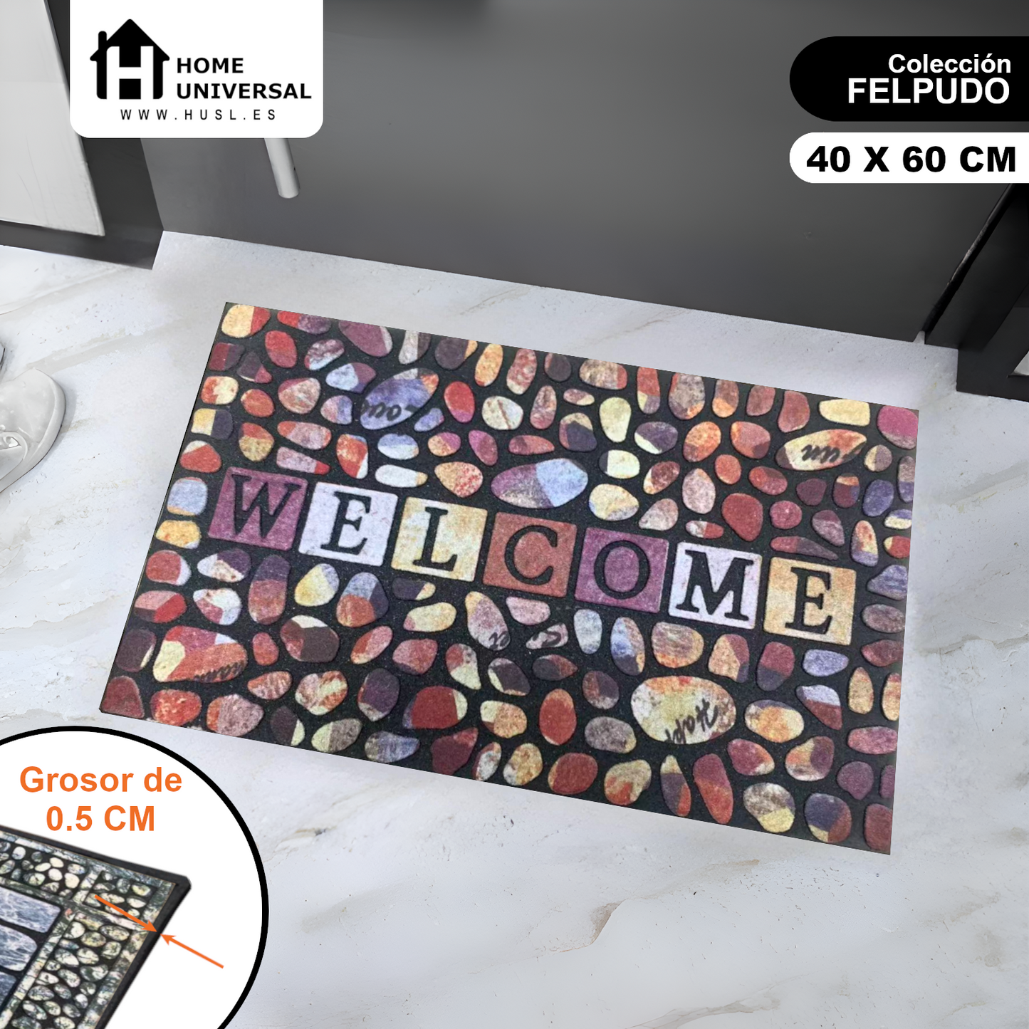 Home Universal® Felpudo de Goma Antideslizante para Exterior y interior – Resistente a Lluvia y Barro, Limpia Zapatos, Alta Durabilidad – Varias Medidas, 40X60CM, WELCOME (Piedra Colorida)