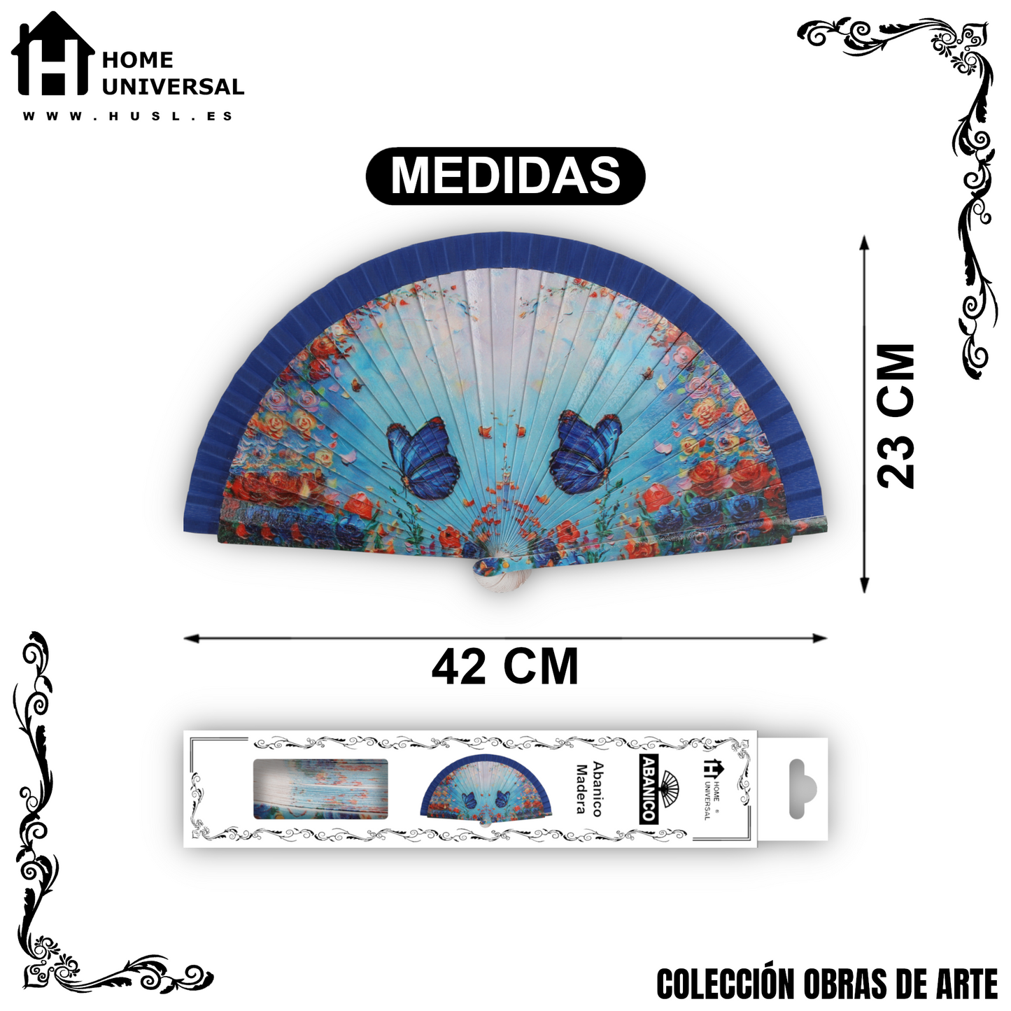 Home Universal®  Abanico 23CM DE Madera Lisa con Tela de Marfil, Abanico de Madera Adornado, Abanico Original - Mariposas y Rosas (Dibujo Artístico)