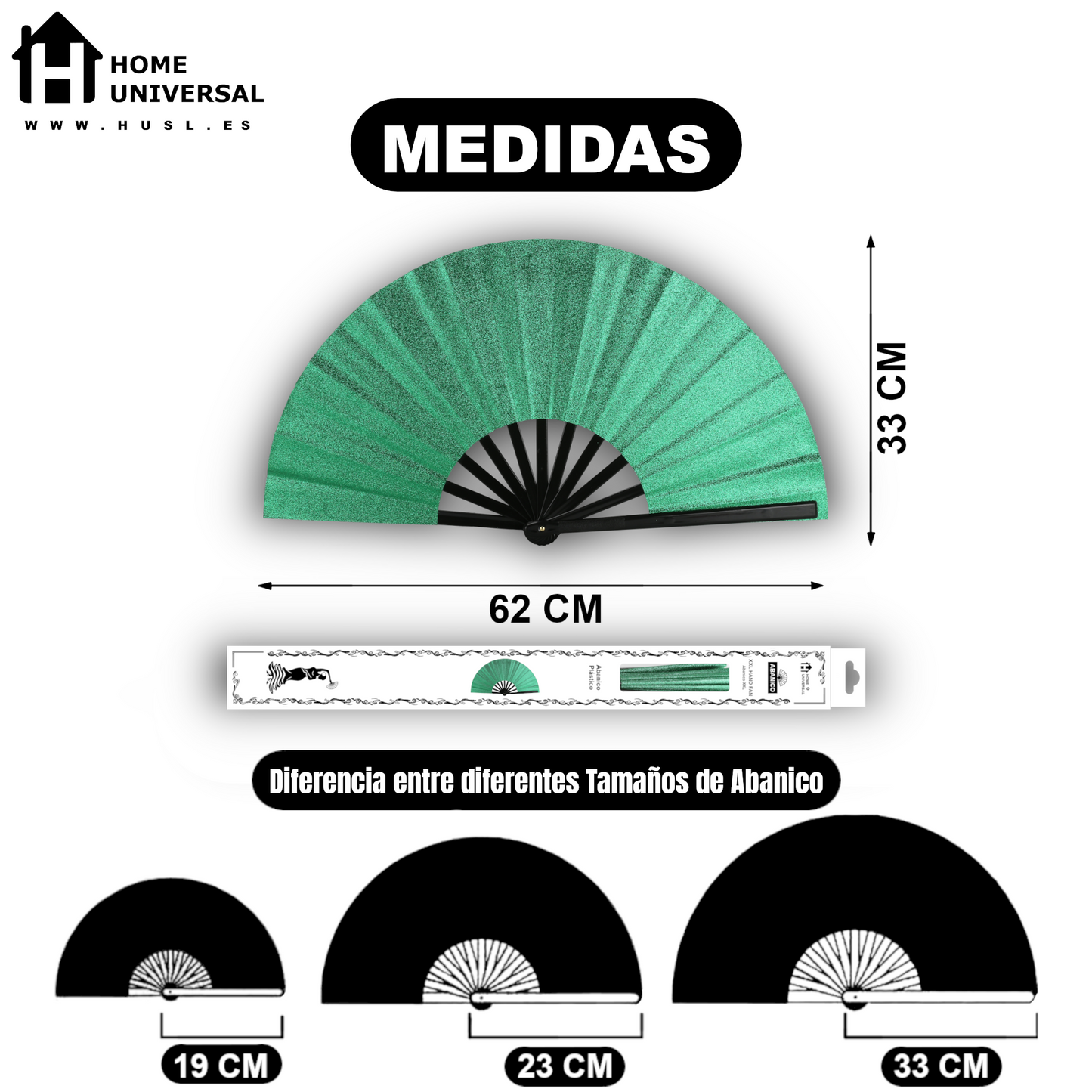 Home Universal® Abanico XXL 33 cm Grande de Plástico con Caja – Plegable, Ligero y Resistente – Efecto Fluorescente Brillante – Ideal para Verano, Fiesta, Discoteca, Pride y Eventos - Verde Oscuro (Purpurina)