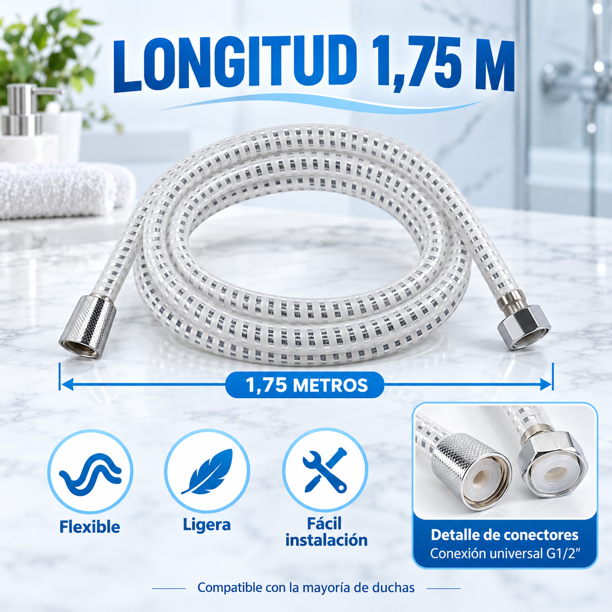 Home Universal® Manguera de Ducha Universal G1/2 – Flexible, Antienredos y Fácil de Instalar, Compatible con la Mayoría de Duchas (Blanco Plata (1.75m))